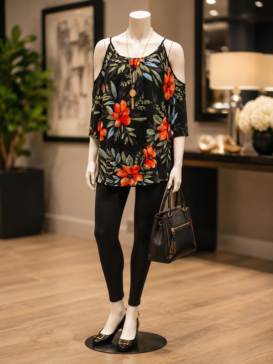 Tops - Cold-Shoulder Black Floral Women's Top